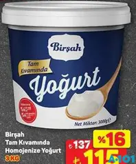 BİRŞAH TAM KIVAMINDA HOMEJENİZE YOĞURT 3 KG fiyat ve kampanya bilgisi